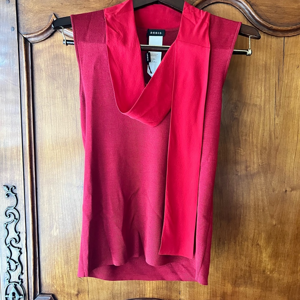 Akris new deep red top with silk sash V neck
